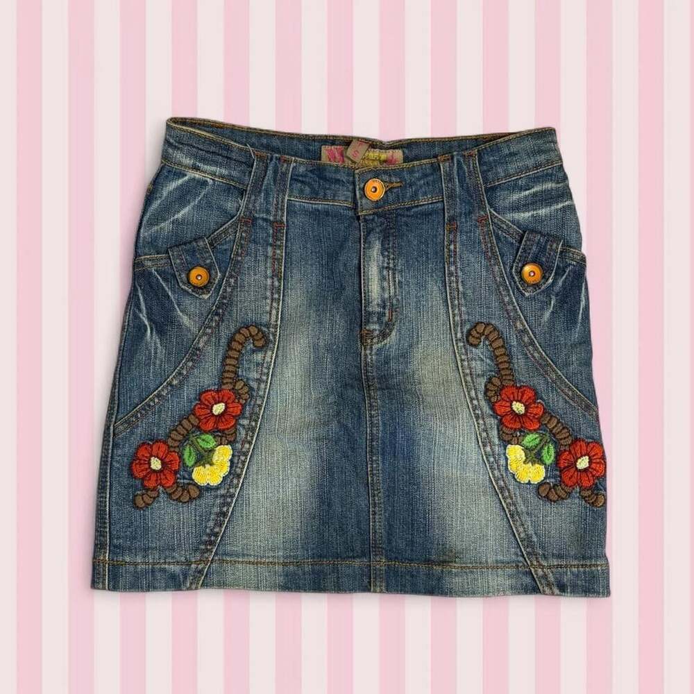 Maple Seldom Embroidered Floral Denim Mini Skirt Size S